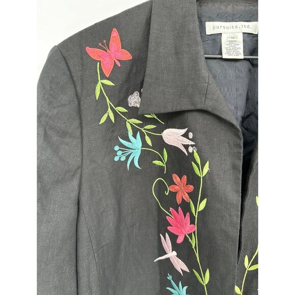 Pursuits linen Blazer Women 16 Black Floral Embroidered Long Sleeve Open Front - Picture 6 of 11
